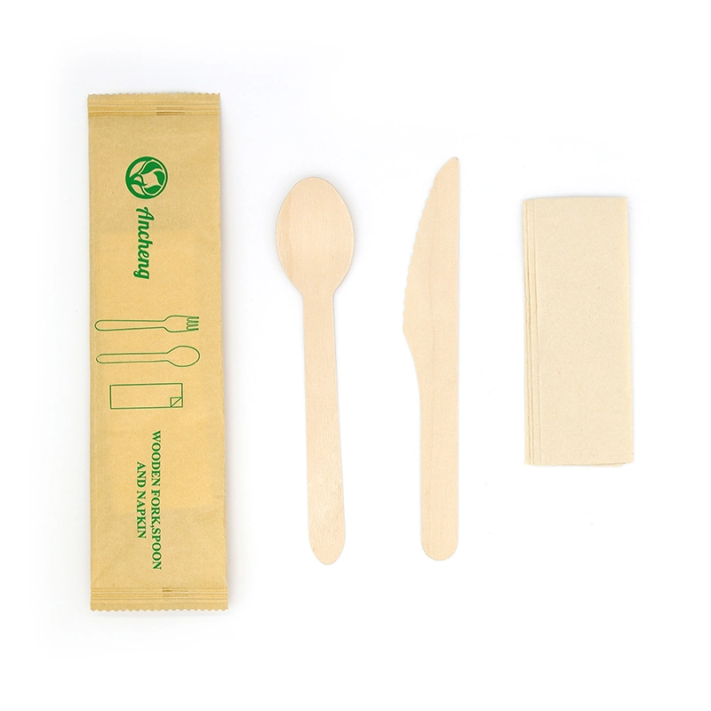 Disposable Wooden Handle Cutlery Set with Printing Paper Packing