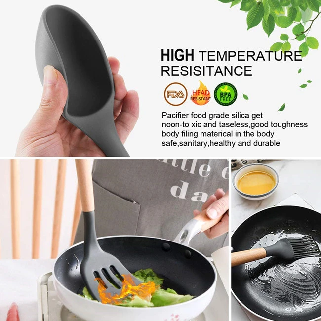 Silicon Cutlery Set, Heat Resistant, High Temperature Silicon Kitchen Tool with Wooden Handles Kitchen Accessory