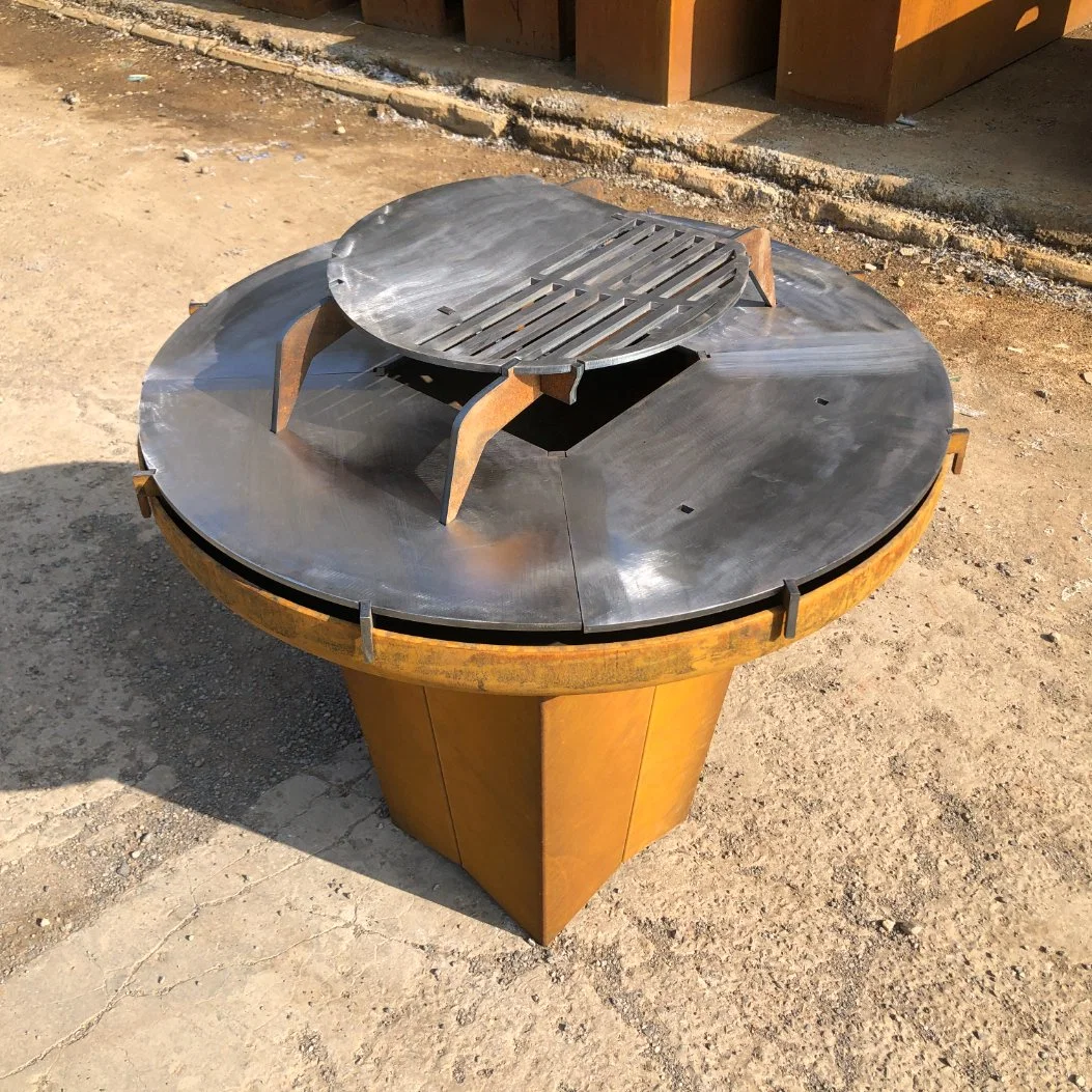 Round Charcoal and Wood Burning Corten Steel Outdoor Barbecue Table