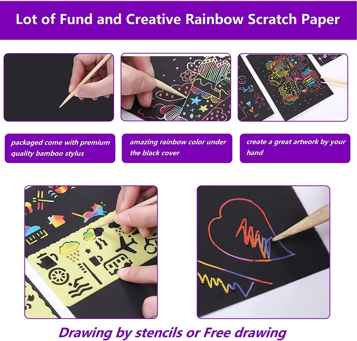 100 hojas de papel de arcoiris Scratch Art Set con 10 Lápiz de madera y 4 plantillas para niños bricolaje de Navidad Artesanía