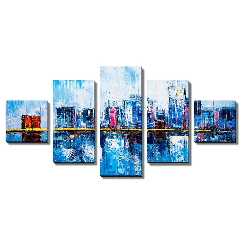 5 Panel Canvas Wall Art Set Oil Painting Modern Home Room Decor Printing Abstract Landscape City Building Frame Picture