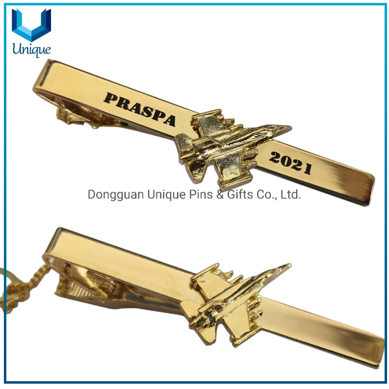 Anpassen Design Krawatte Pin mit 3D Flugzeug Logo, hochwertige 24K Gold Plating Krawatte Clip, 3D Gun Logo Tieclip