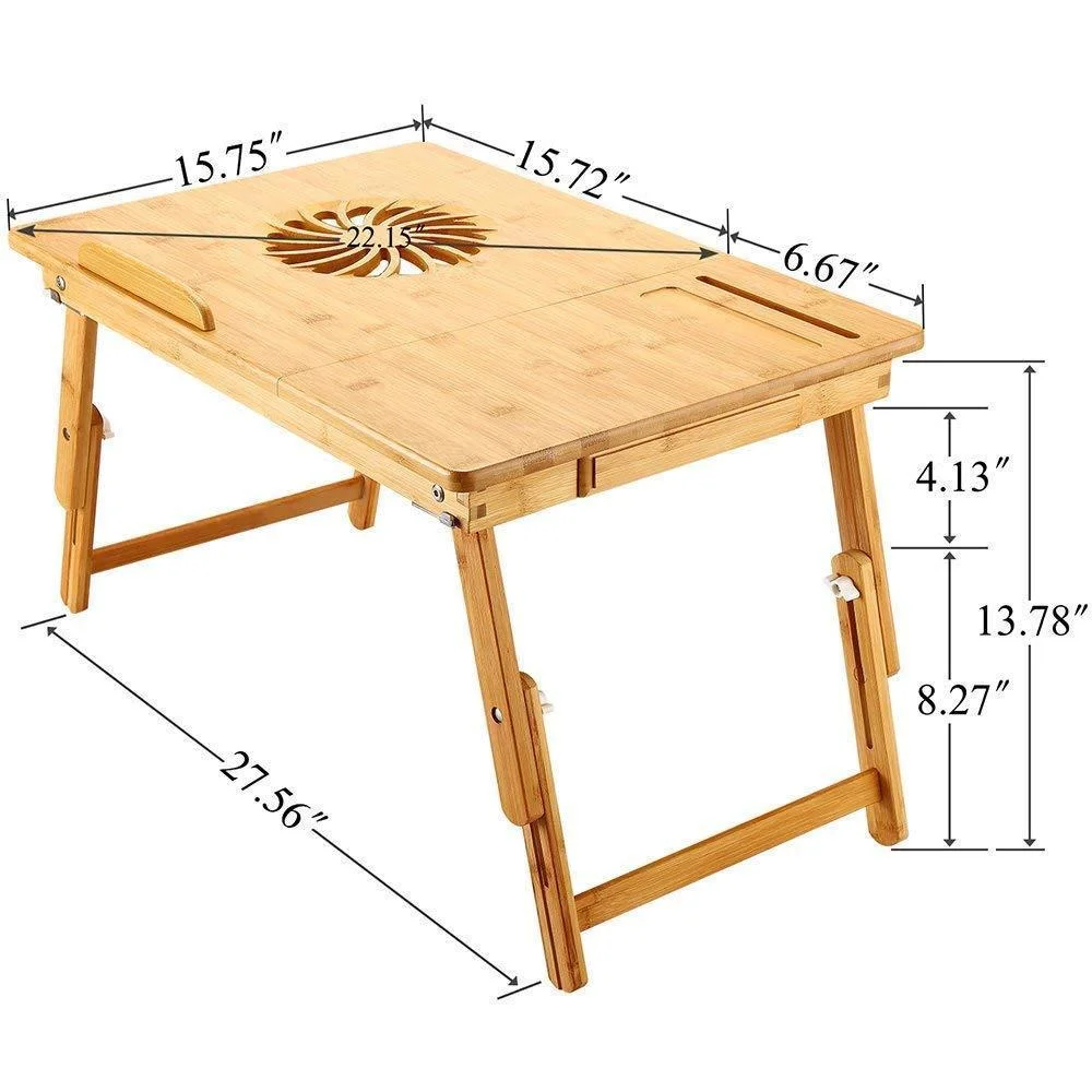 Laptop Desk Nnewvante Table Adjustable 100% Bamboo Foldable Breakfast Serving Bed Tray W' Tilting Top Drawer