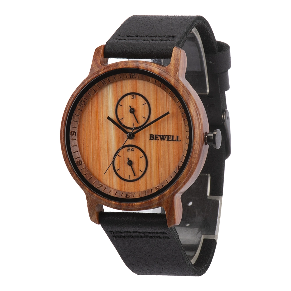 Bewell Luxury Wooden Watch Handmade Wristwatches with 2 Sub-Dials for Men Custom Logo Relogio Masculino Leather Watch Mens