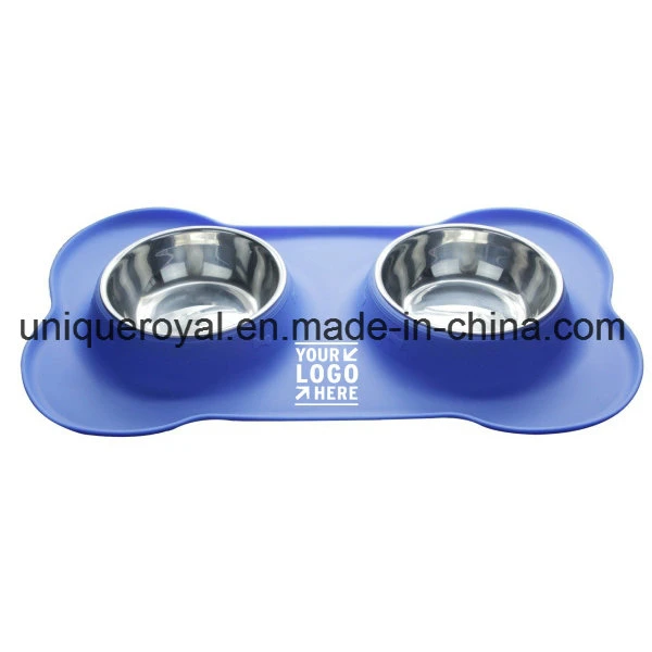 Double Pet Bowl Set in Bone Shape Antiskid Silicone Tray