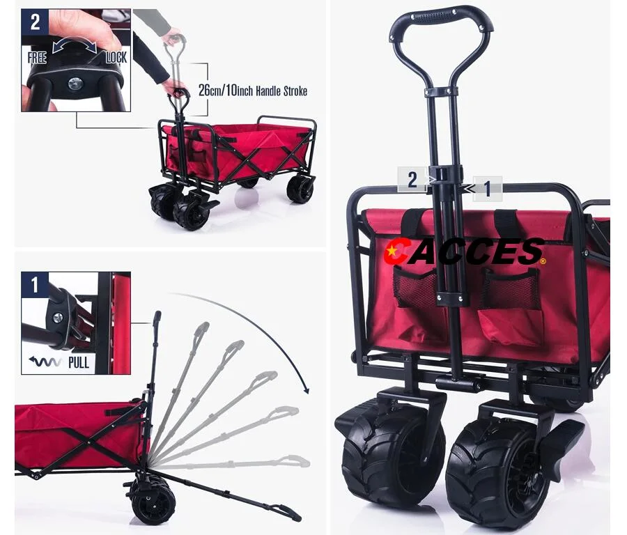 Collapsible Folding Wagon Cart Utility Wagon W/Adjustable Handle Portable Shopping Cart Outdoor Sport Heavy Duty Push Wagon Camping Beach Gardening Trolley