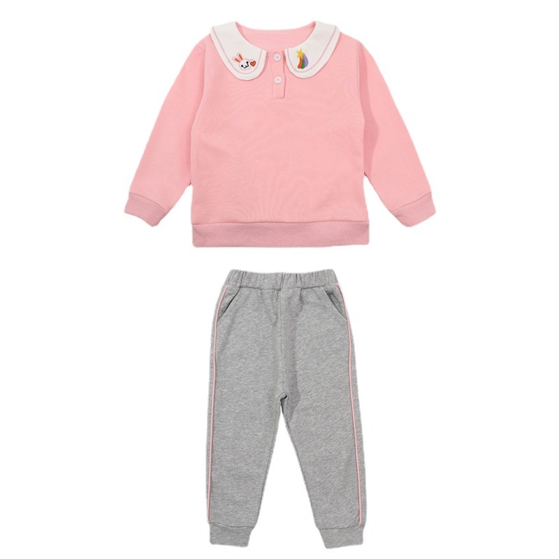 Children's Suit Female Small Children Cartoon Animal Big Flower Collar Top Rainbow Closure Trousers Spring and Autumn Female Baby Two-Piece Set