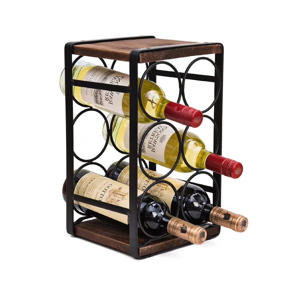 Rustic Wood Countertop Organizer 6 Bottles Display No Need Assembly Wine Rack