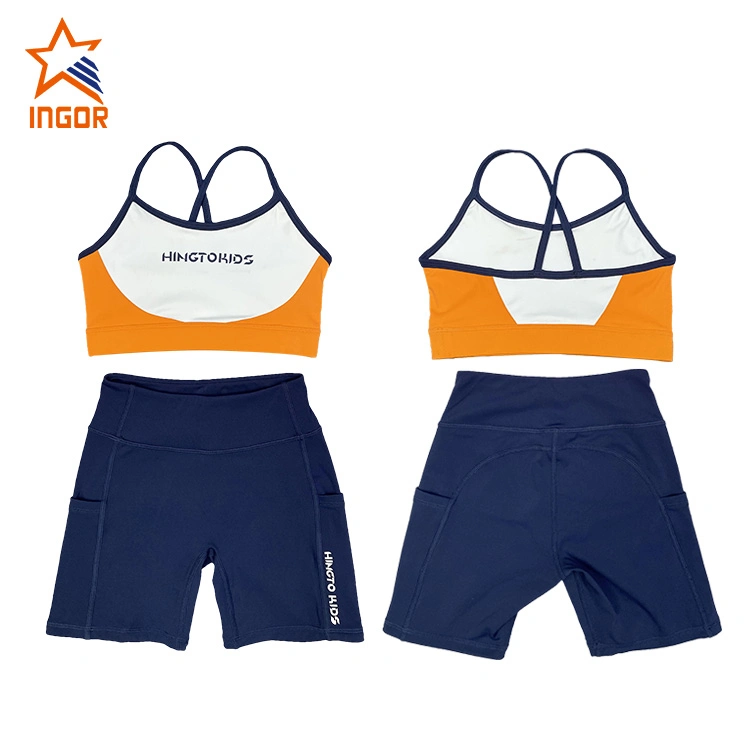 Ingorsports Vêtements pour enfants Imprimé en soie Logo Design de couleur contrastée Soutien-gorge et short avec deux poches latérales Maillots de bain pour enfants Vêtements de sport Vêtements de sport