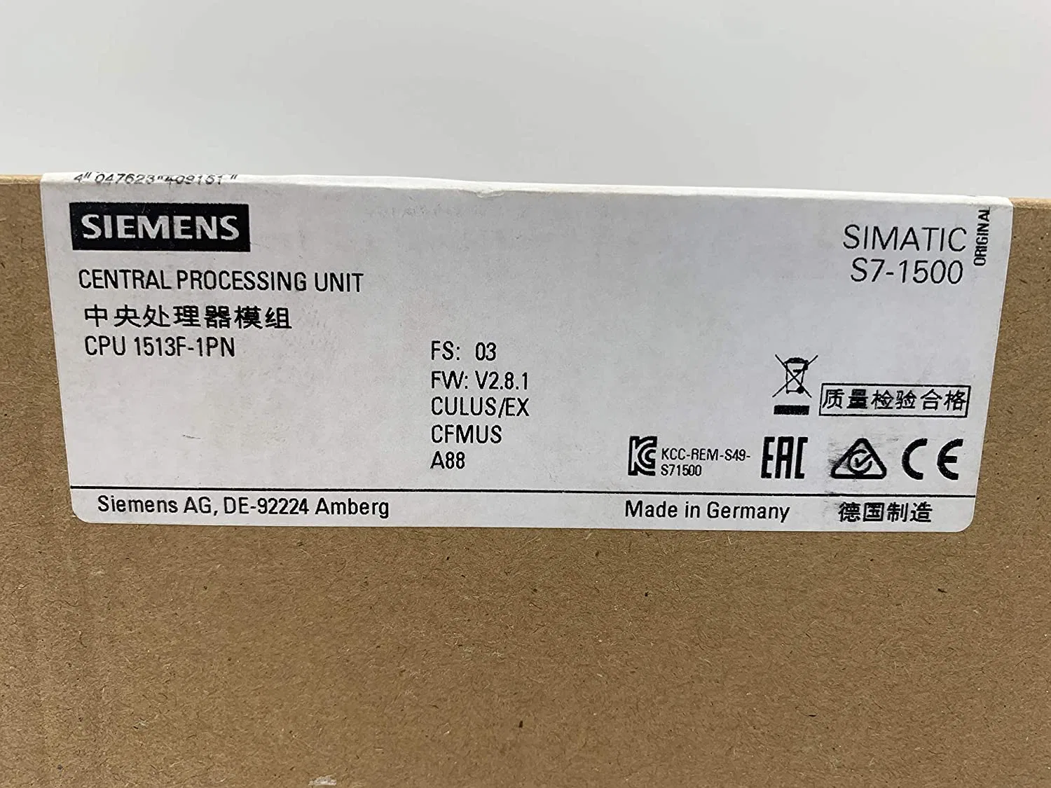 6es7513-1FL02-0ab0 Simatic S7-1500f CPU 1513f-1 Pn Central Processing Unit with Working Memory 450 Kb for Program and 1.5 MB for Data 2022 Unopened