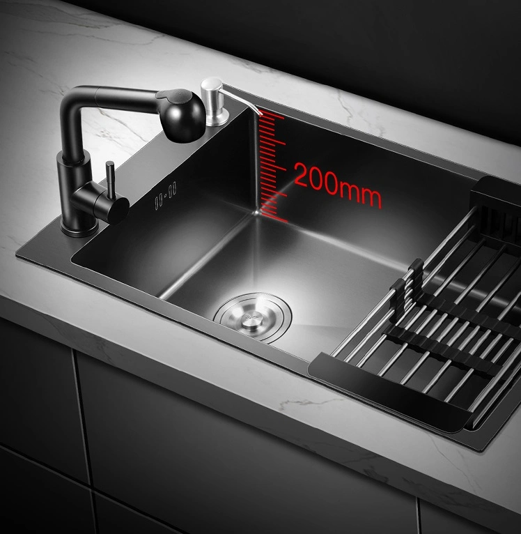 Luxury Black Kitchen Single Bowl 304 Stainless Steel Handmade Kitchen Sink with Faucet for Hotel, KTV