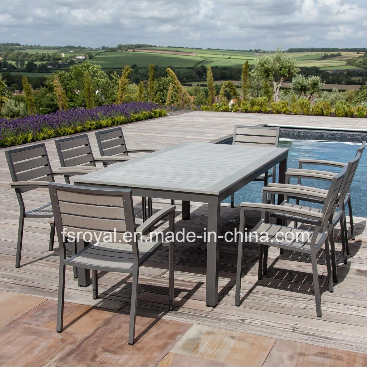 Wholesale Garden Furniture Outdoor Synthetic Wood Furniture Dining Set Hotel Aluminum Table & Chairs Set Patio Dining Furniture