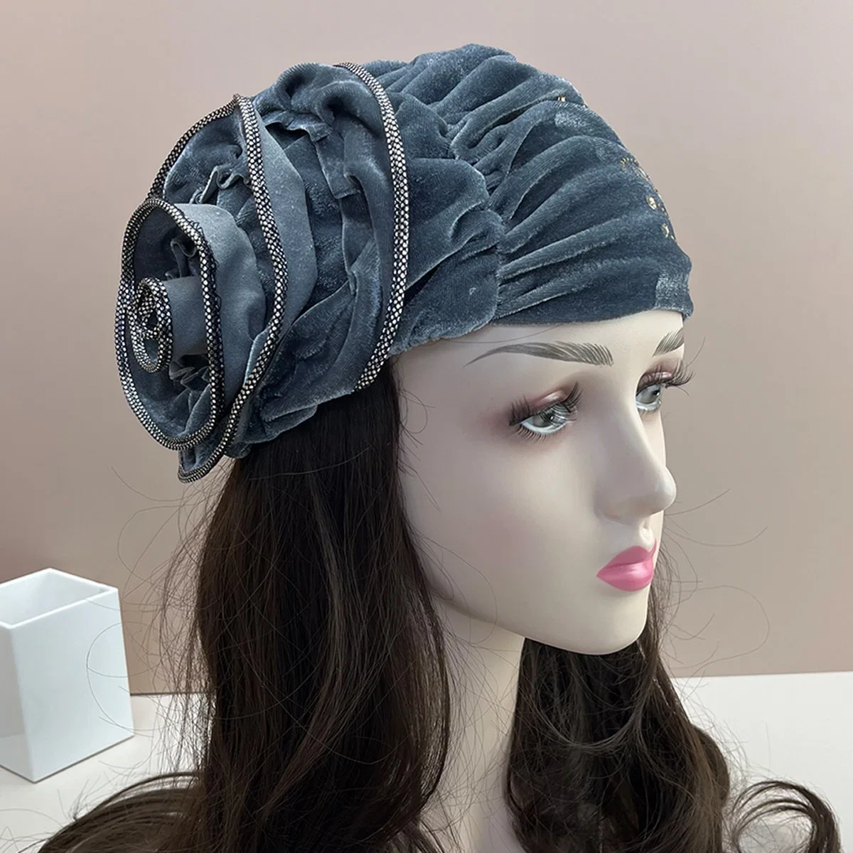 Fashion Female Flower Velvet Turban Hat Flower Hijab Cap