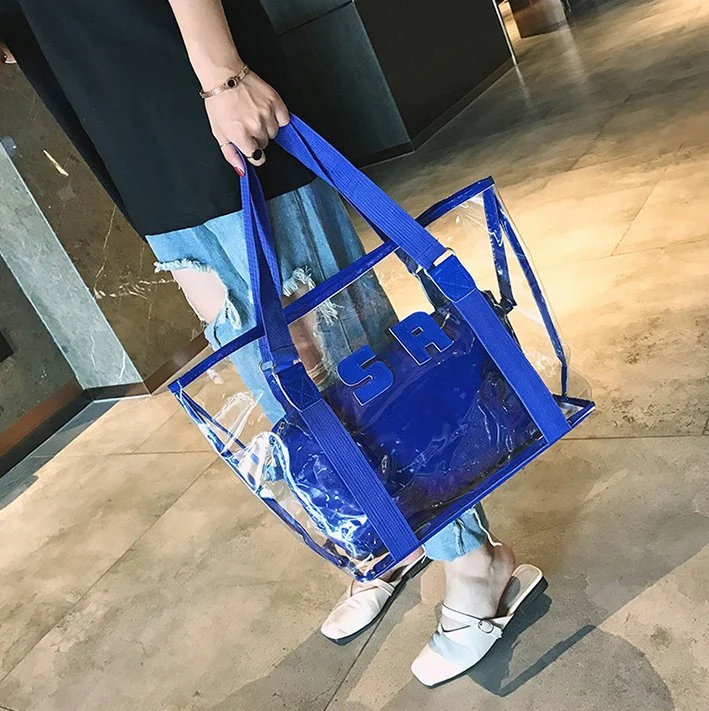 Fashion PVC Clear Transparent 2PCS Tote Set Beach Plastic Shopping Cosmetic Bag