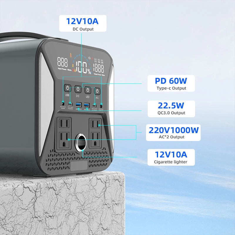 Bateria inteligente de emergência para campismo, onda sinusoidal pura de 1000 W, Solar portátil Carregador