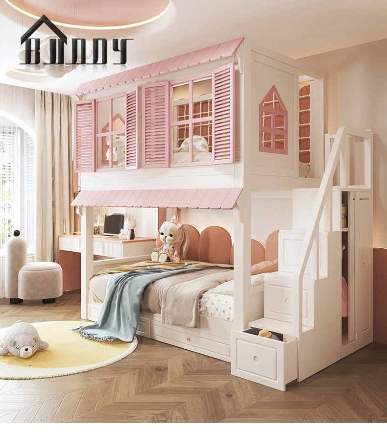 Children Bed Modern Pink Princess Bed Kids Bunk Beds Triple Girls Bedroom Wooden Furniture