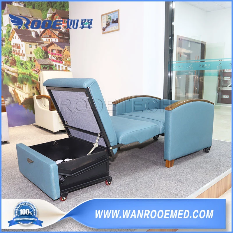 Heavy Metal Square Pipes Patient Room Attendant Chair Sleeping Bed with Solid Wood Handrail