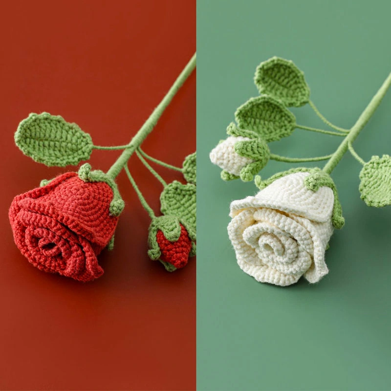 Crochet Artificial Flower Rose Plant Bouquet Valentine's Day Gift Wedding Decoration Handmade Stem Rose Finished Products