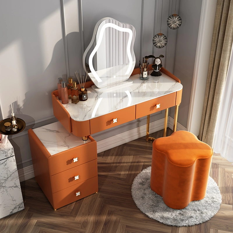 Casa de toucador moderna em madeira / Hotel Living Bedroom Furniture maquiagem Dresser Nordic Conjunto de mesa de Vestir com cadeira e ecrã táctil LED de escurecimento Espelho redondo