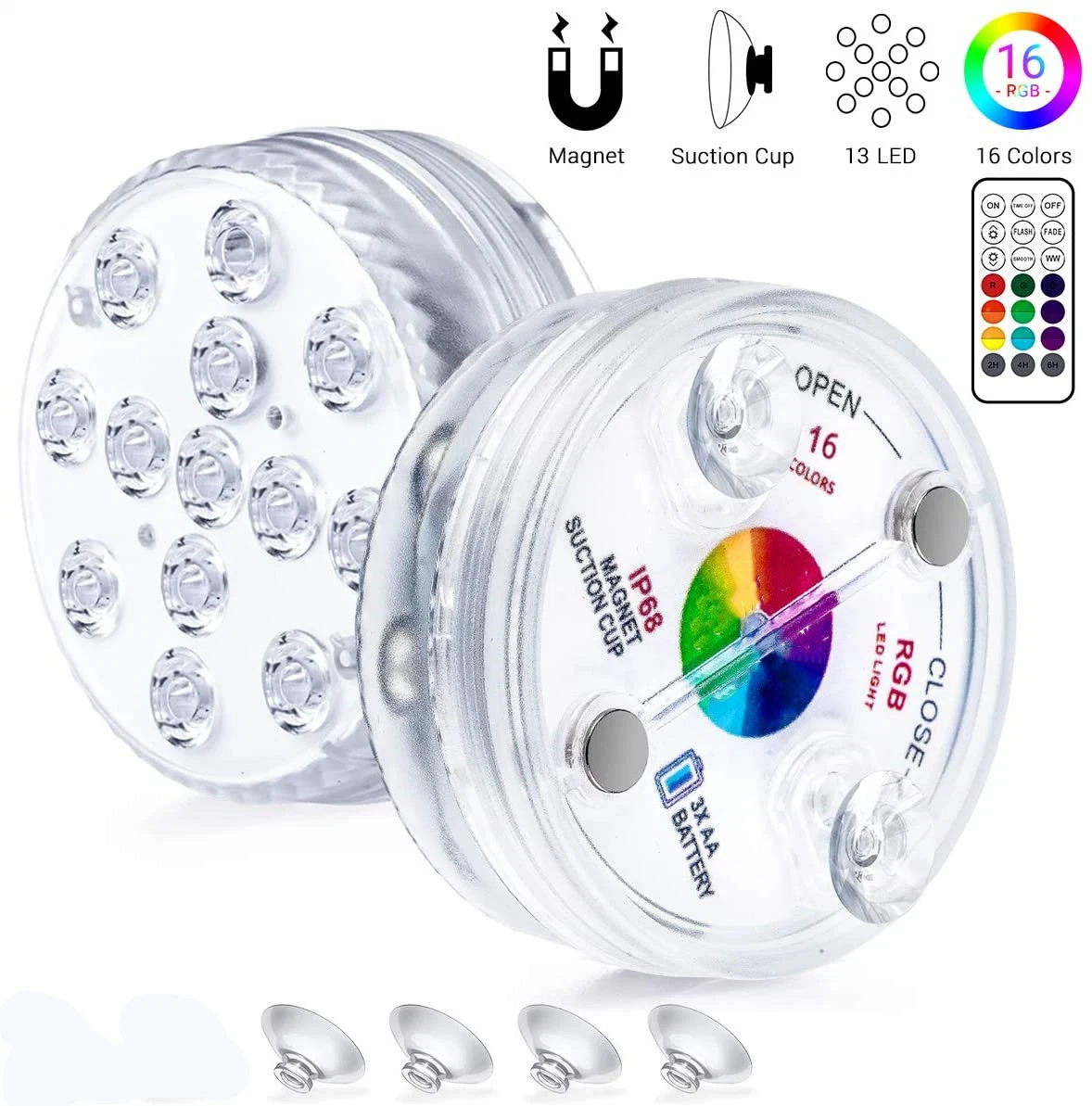 Las luces LED con imanes, aspiradores, 13 LED luces LED resistentes al agua bajo el agua con Control Remoto RF, accionado por batería de la luz de la decoración para la piscina,Estanque,piezas centrales,Foun