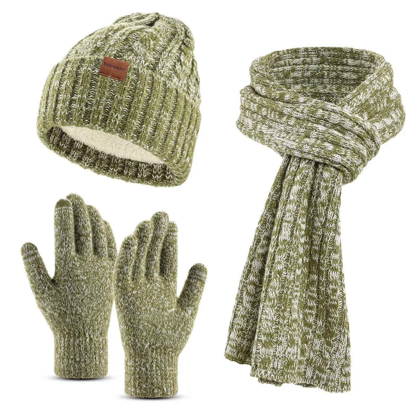 Winter Warm Knit Hat Touchscreen Gloves Long Scarf Set with Fleece