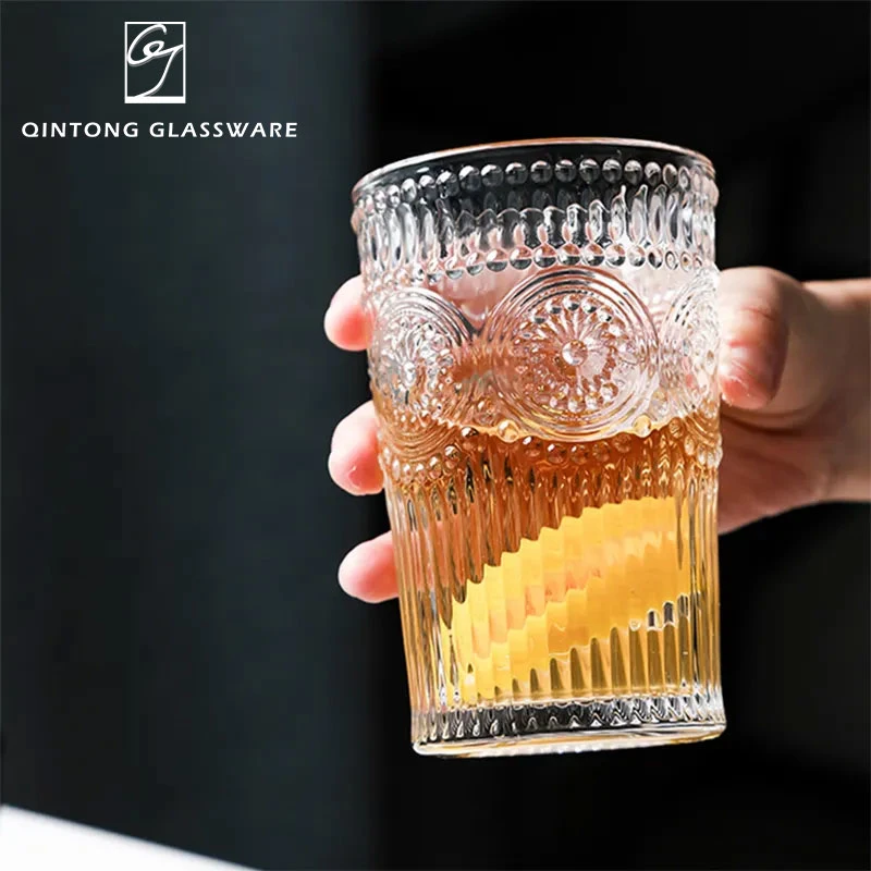 Factory 13oz 380ml Retro Embossed Cup Transparent Sunflower Wine Coffee Water Glass Cup Mug Tumbler for Bar