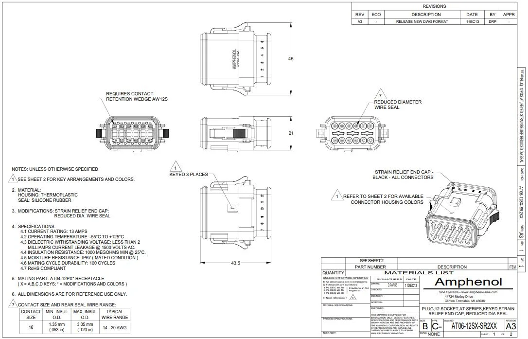 Amphenol Connectors Plug 12-Way Rd Seal Strain Relief Black At06-12SA-Sr2bk Auto Connector