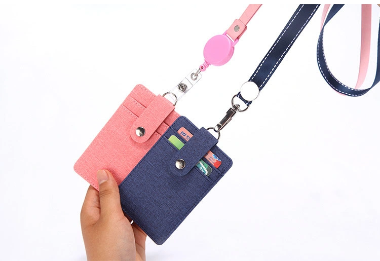 in Stock Ready to Ship Retractable Reel PU Leather ID Card Working Card Badge Holders with Strap