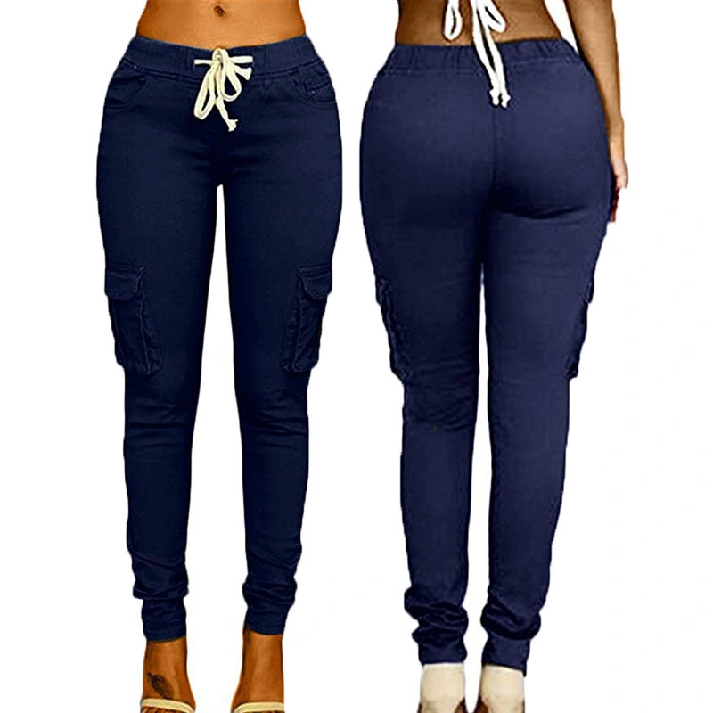 Fashion Pocket Legging Trousers for Women Drawstring Casual Woman High Waist Cargo Plus Size Long Pants