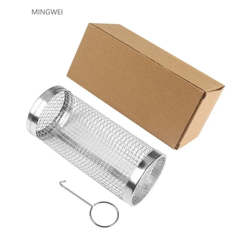 Mingwei Portable Outdoor Camping Smoking Tool Cylinder Rack Stainless Steel Wire Mesh BBQ Rolling Grilling Basket