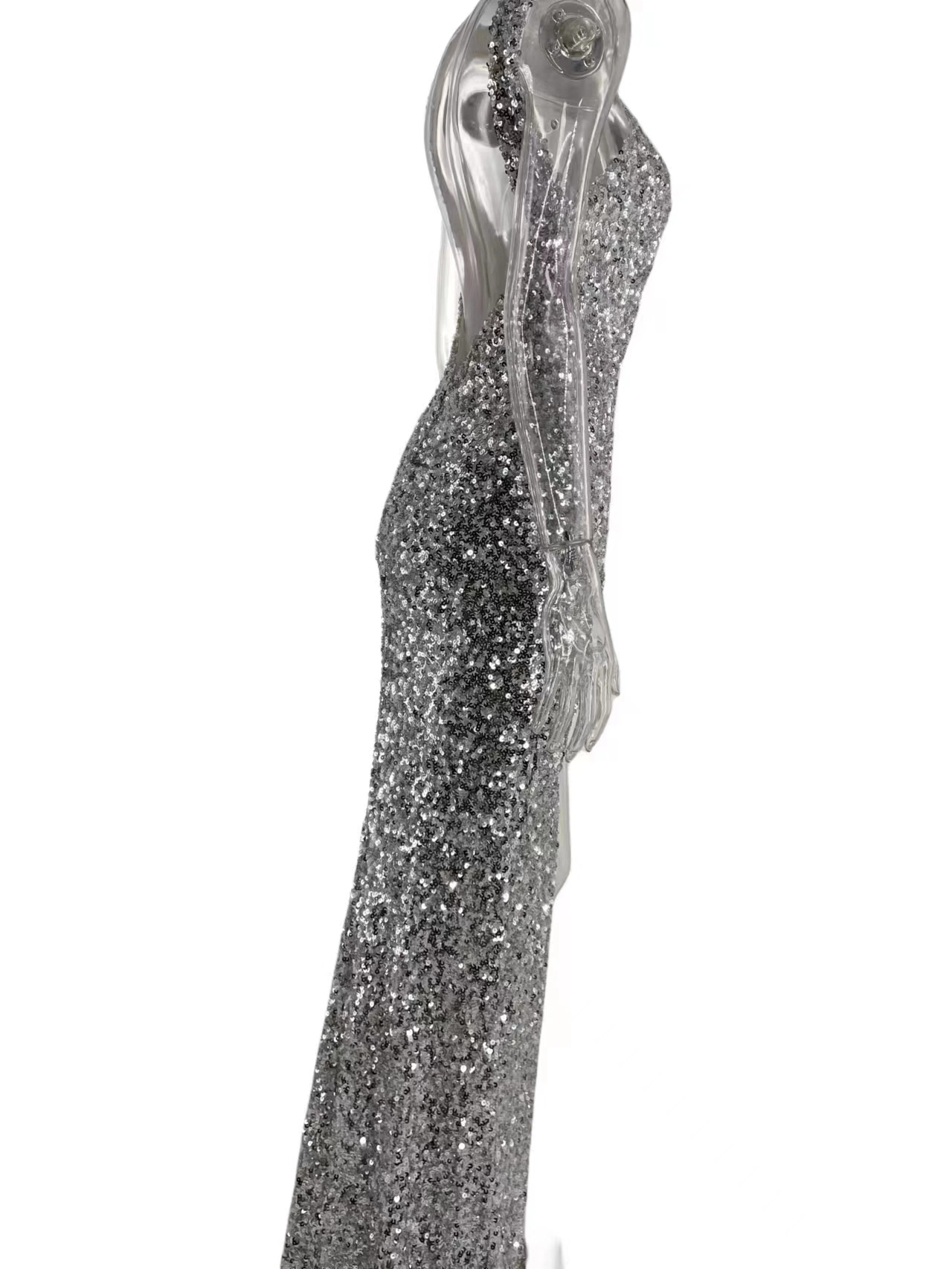 Silver Women's Split Backless Evening Dress Lady Fashion Sexy Long Party Gown