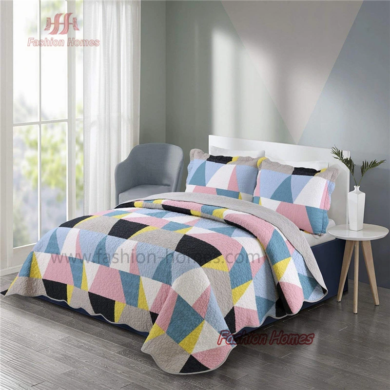 Geometric Patchwork Bedspread Printed Microfiber Quilt Coverlets Set Quilt