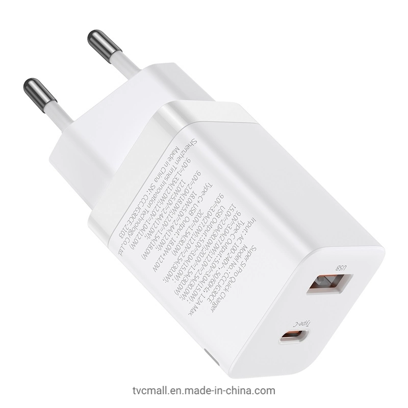 Baseus Super Si PRO carregador rápido de tipo C + adaptador de carregamento de duas portas USB 30W - Ficha UE/Branco