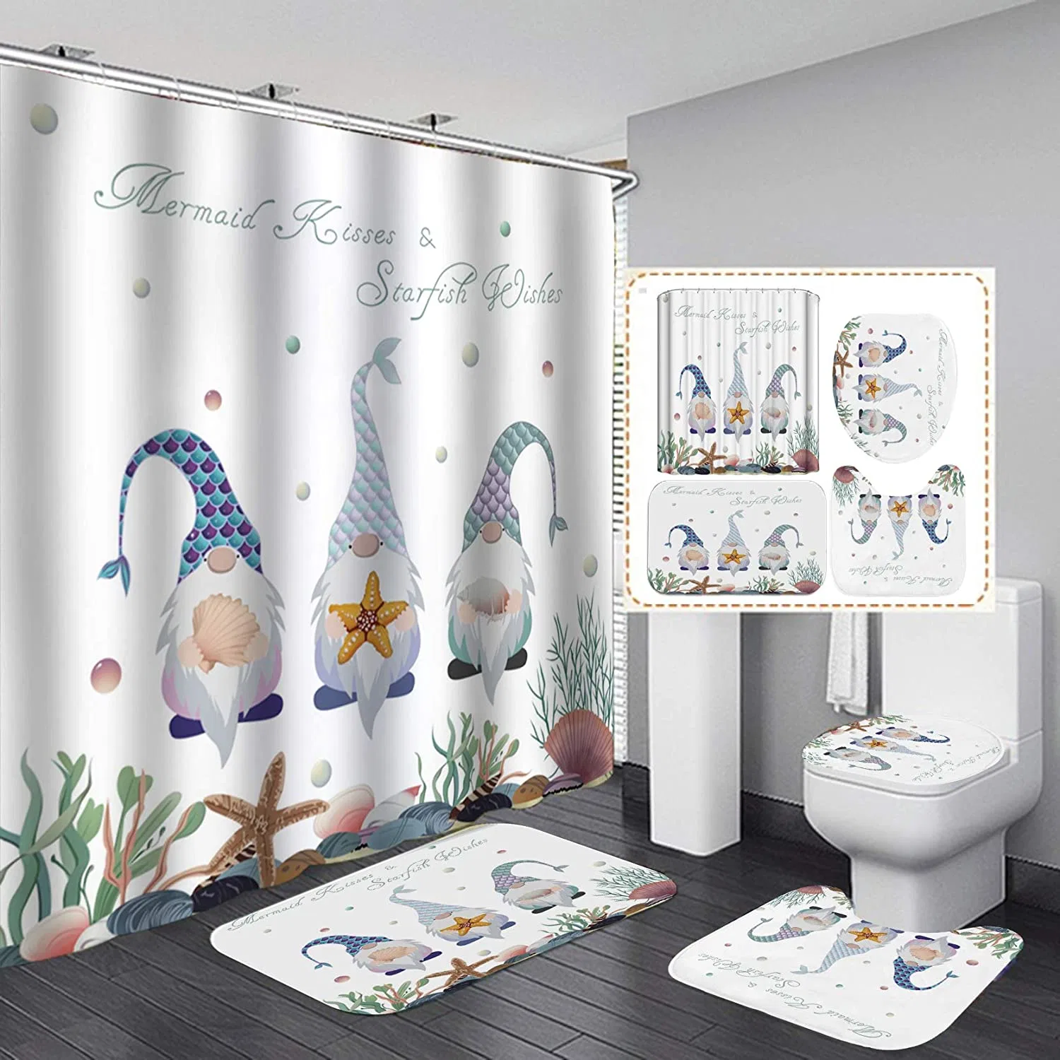 Christmas Gnome Shower Curtain Sets 4PCS with Holiday Decorations Non-Slip Rug, Toilet Lid Cover, Bath Mat and 12 Hooks Durable Waterproof Bath Curtain