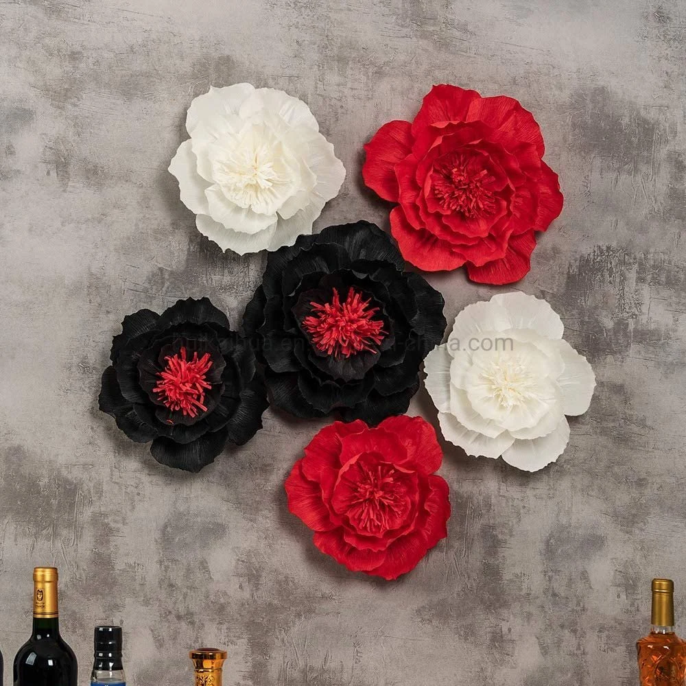 Black and Red Theme Crepe Paper Flowers 3D يتم تعديلها يدويًا من قبل مشغلي الألعاب يترك حفل زفاف ديكور حرفة جدار خلفية