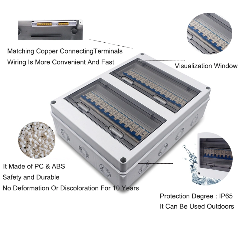 Caixa de distribuição de disjuntor de alimentação de plástico de 24 vias IP65 para exterior