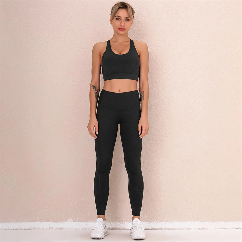 Nahtlose Yoga-Set Sport Outfits Damen Schwarz 2-Teilig Crop Top Bh Leggings Workout Gym Wear Fitness Sport Sets