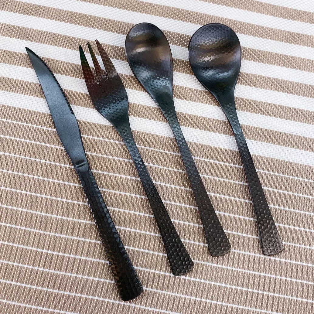 Custom Stainless Steel Hammered Black Cutlery Set with Knife, Fork and Spoon