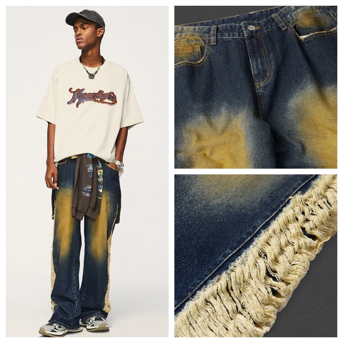 2023 marca de moda Primavera 90% algodão 10% poliéster Retro nostalgia desgastado buraco Lavar calças casuais largas para pernas Jeans Street Loose