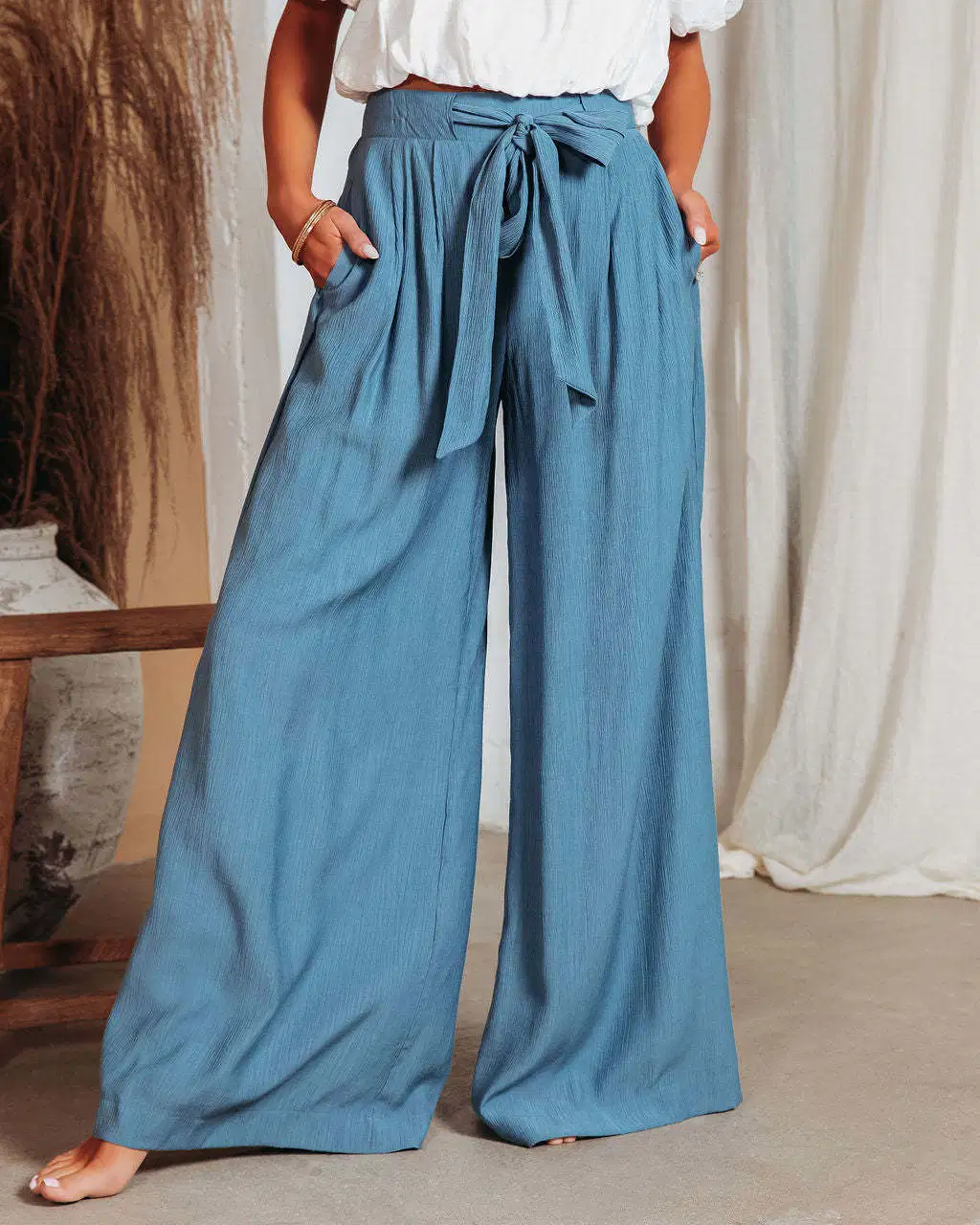 OEM ODM Service Women Breathable Solid Color Wide-Leg Pants Trousers for Summer