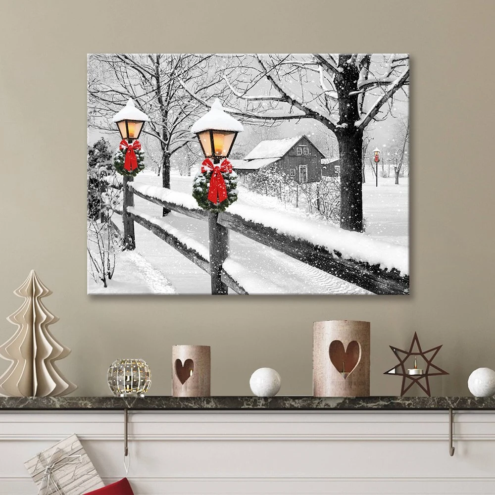 LED Light Canvas Wall Art for Gift and Home Decoration Snow Landscape Printing Design on Light Canvas Painting