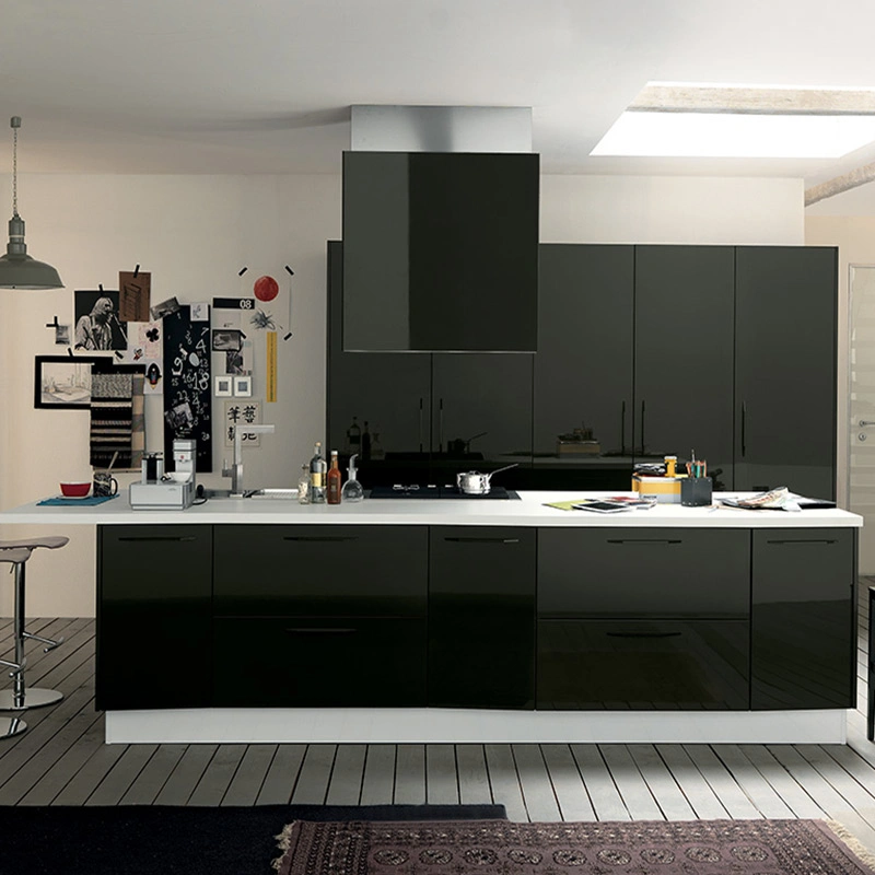 AIS Modern European Style Custom High quality/High cost performance  Modular Furniture Set Black Lacquer L Shape Kitchen Cabinets with Sink