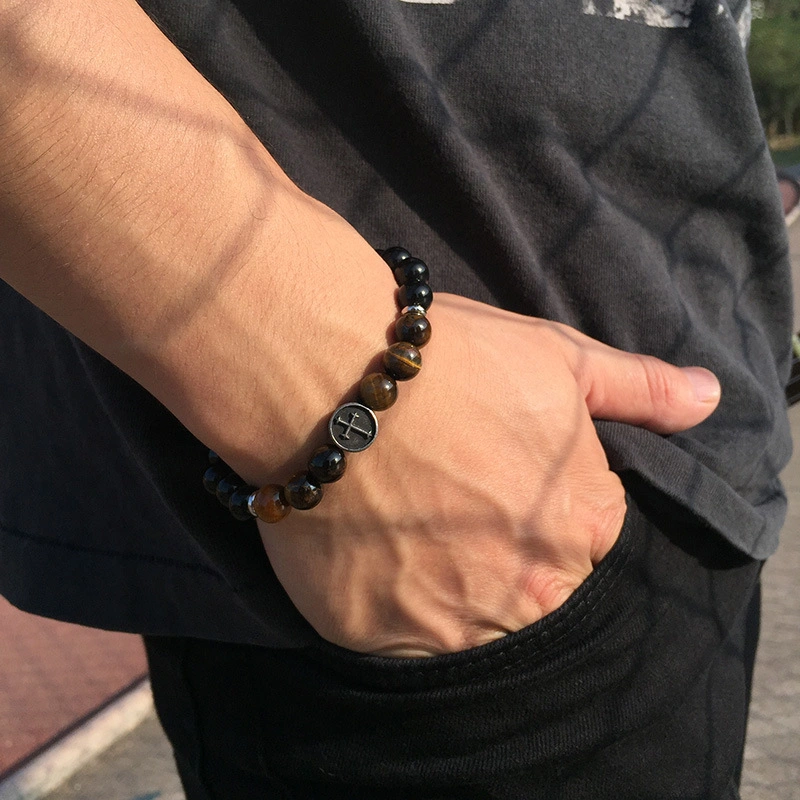 16,5 cm de aço titânio Acessórios Olho do Tigre Preto Pedra Ágata String Bracelete cordões dos homens bracelete cruzada