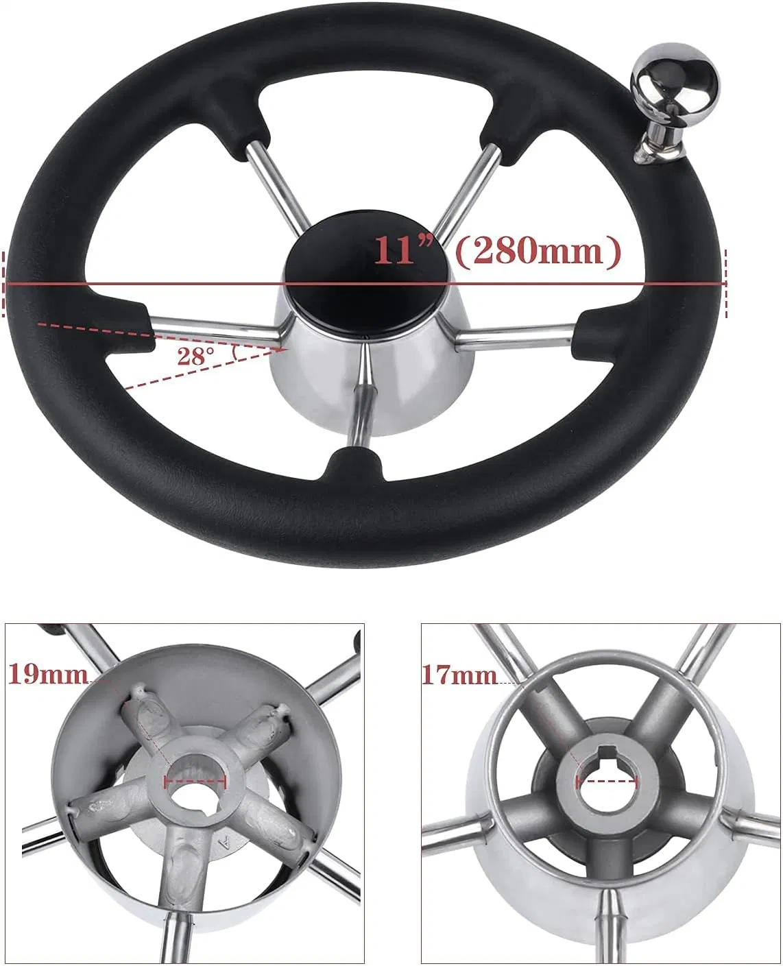 Volant bateau de 11 po en acier inoxydable avec poignée en mousse noire, volant de commande Destroyer à 5 rayons avec bouton