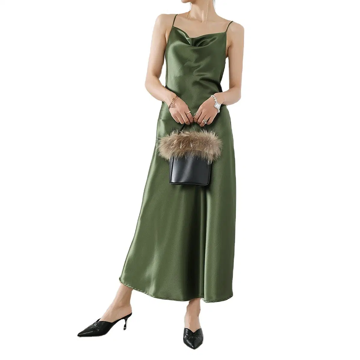 2022 Silk Acetate Satin Slip Dress OEM Odmswing Neck Halter Dress Women's Shiny Slim Dress