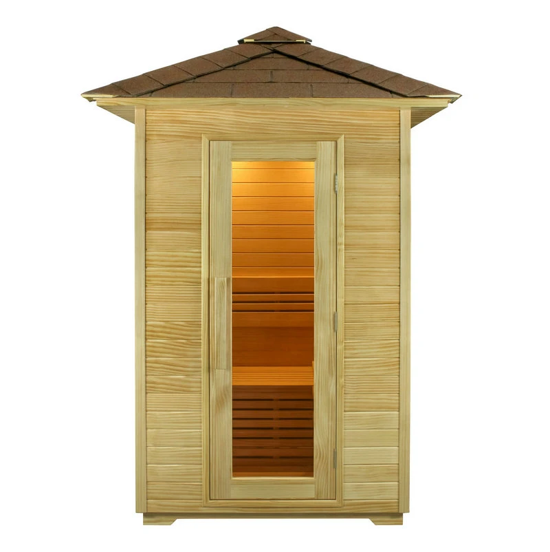 Sauna extérieur en bois pour deux personnes, résistant à l'eau et à la vapeur.