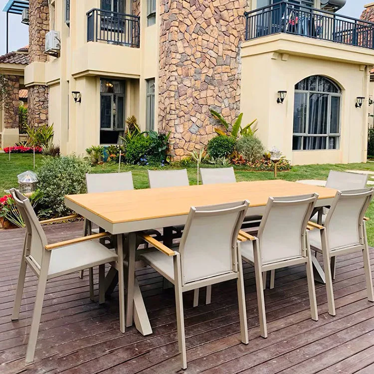 European Style Modern Luxury Dining Table Sets Outdoor Party Wooden Table Patio Furniture Textilene Garden Dinner Chair Sets