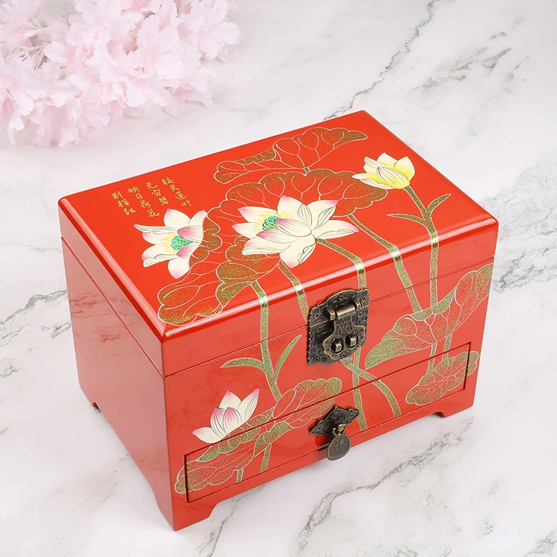 Lotus Pattern Summer Push Light Lacquerware Trousseau Case Double Jewelry Box