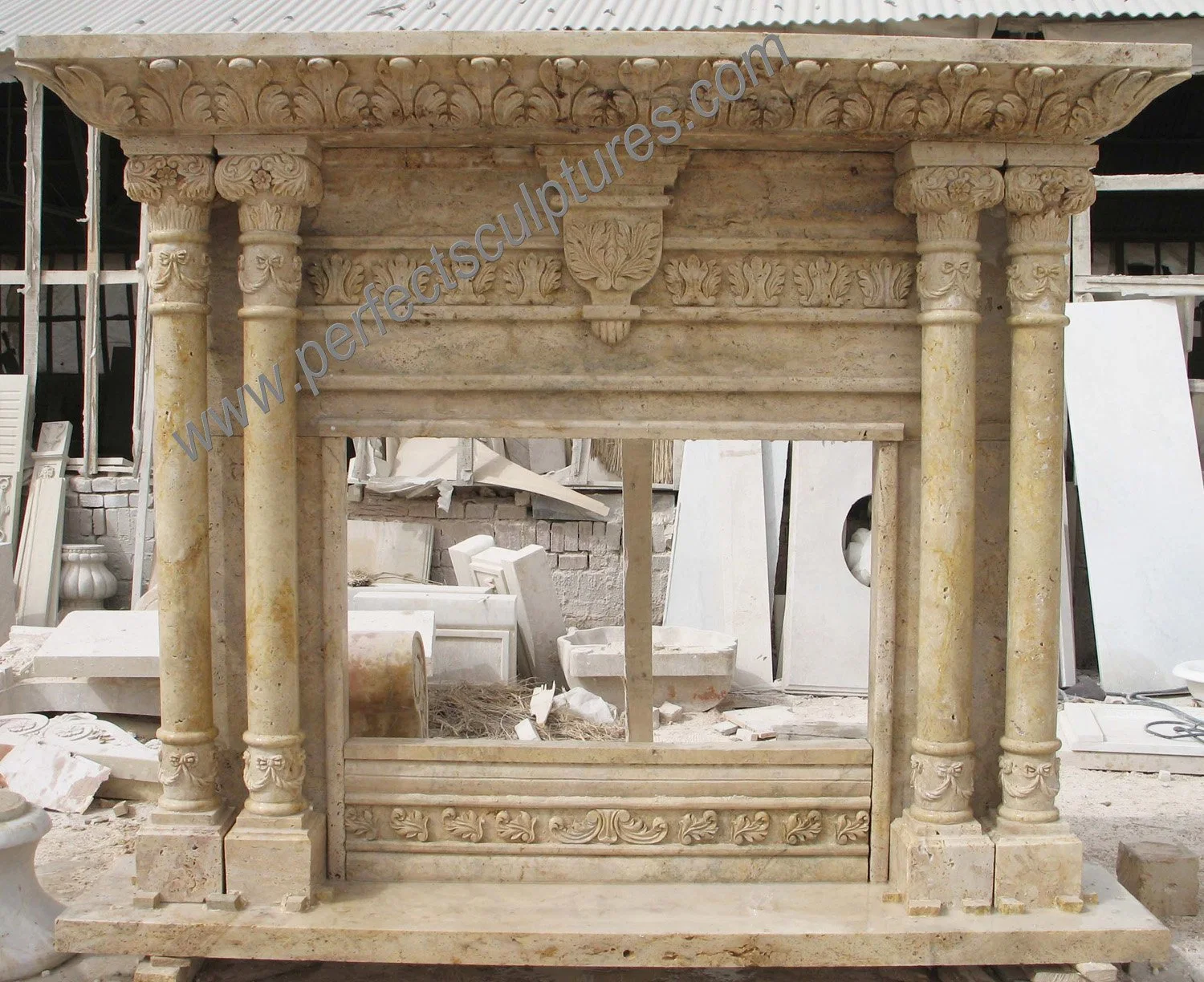 China Beige Stone Limestone Travertin Fireplace with Column Pillar (QY-LS162)