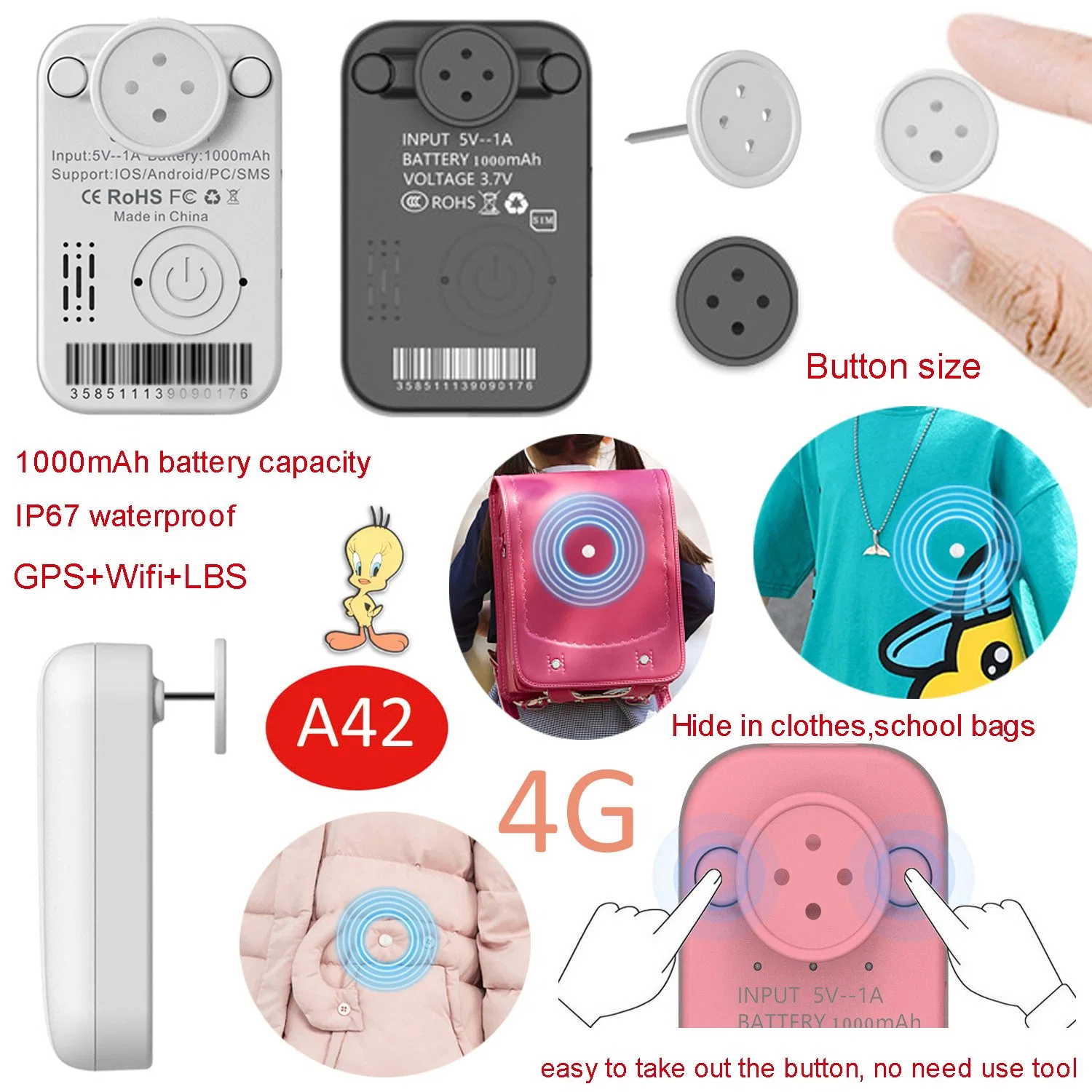 2023 Qualität 4G IP67 Wasserdicht Anti-Lost SOS Smart Hidden Mini Tracker GPS für Kinder ältere Schlüssel Geldbörse Tasche A42